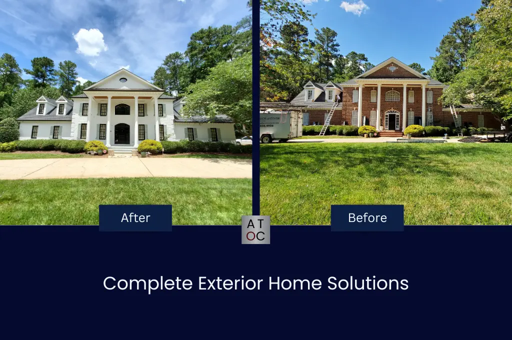Before and after example of an exterior home transformation, showing improved curb appeal.