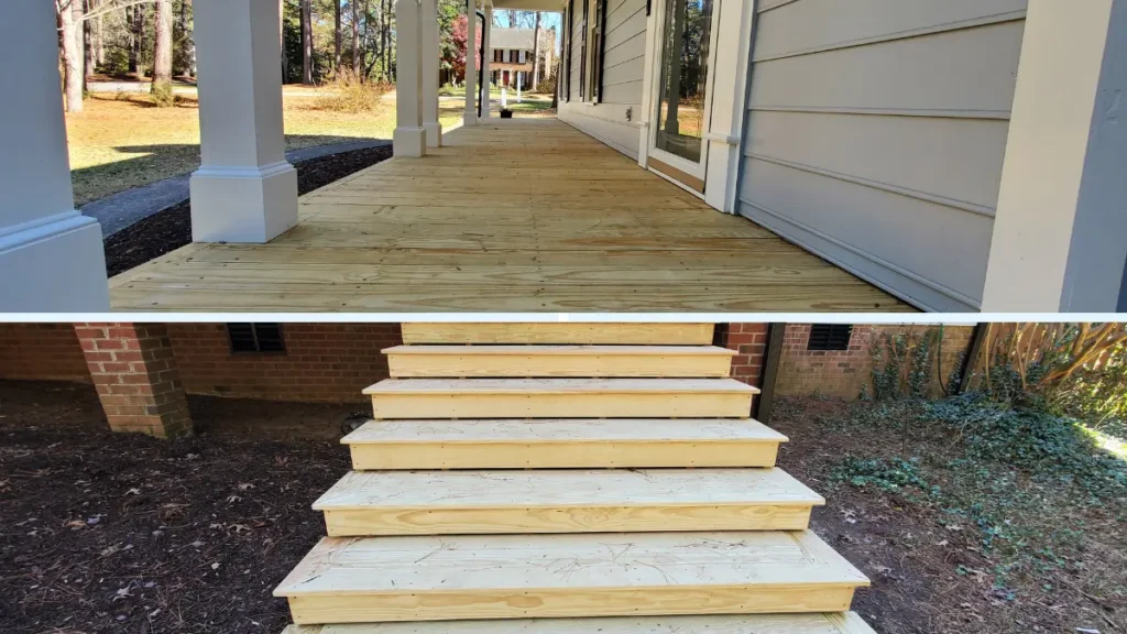 Front porch steps and floor built using kiln dried treated lumber in a home in Raleigh, NC.