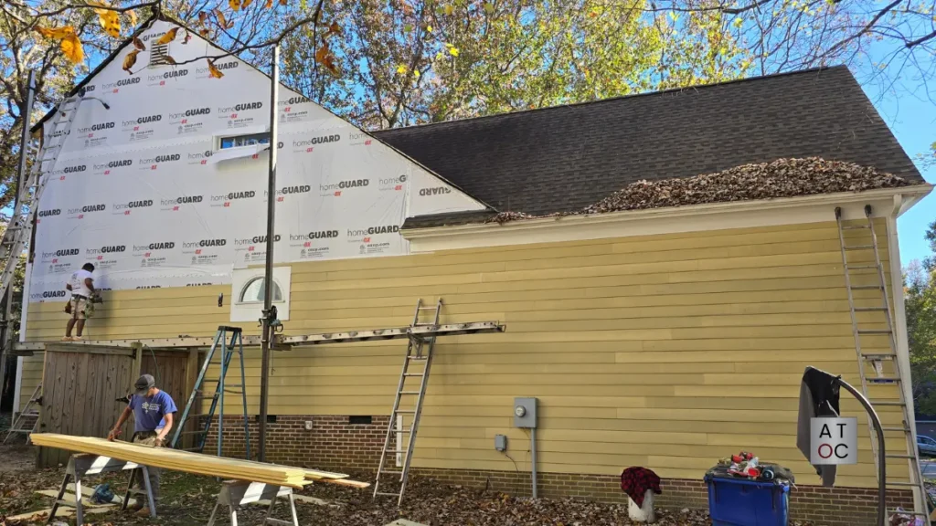 Our skilled siding crew at work in North Raleigh (27615). This project near Leadmine Road involved a full sheathing assessment followed by precision siding installation.